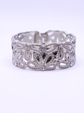 Silver Floral rhinestone Wide Bracelet Watch -new battery